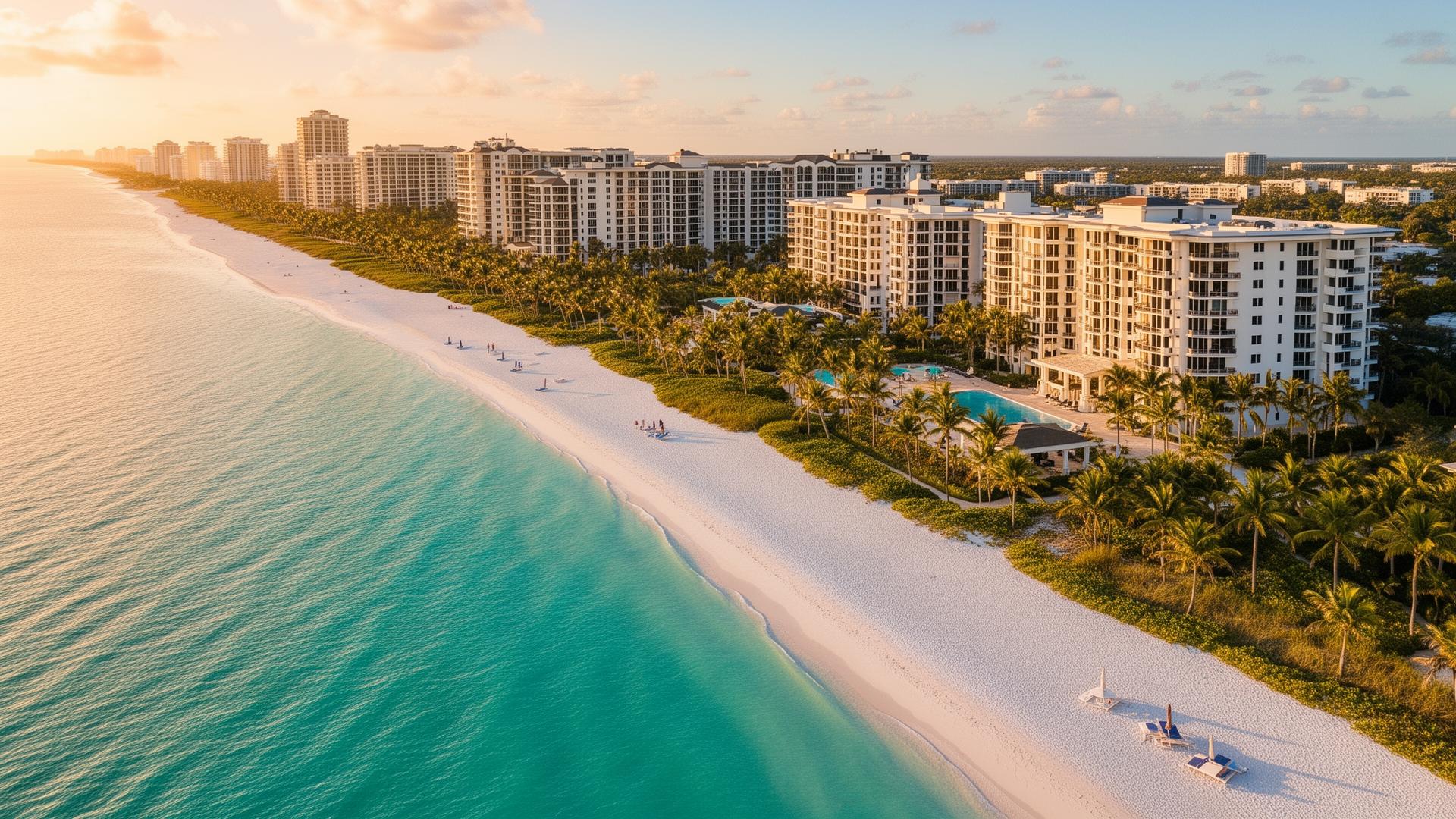Aerial view of a Florida beach with luxury condos and palm trees at golden hour